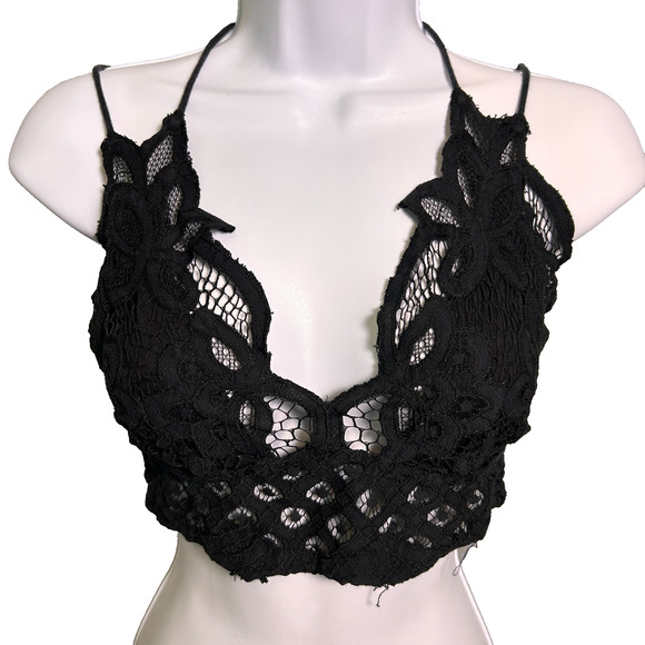 Free People Lace Bralette Womens XS Black Criss Cross Back Boho Feminine Dainty - Picture 3 of 8